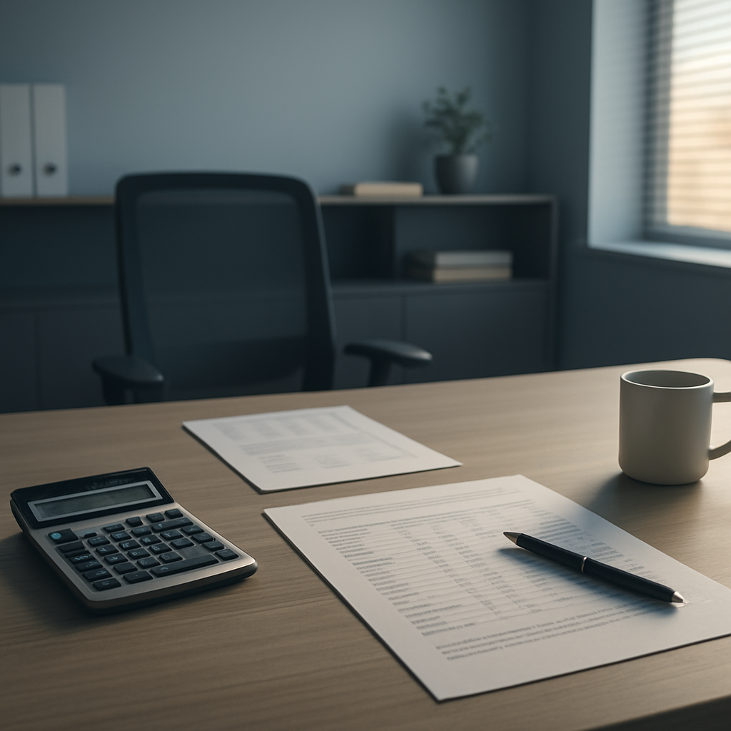Professional accounting office interior with desk and financial documents